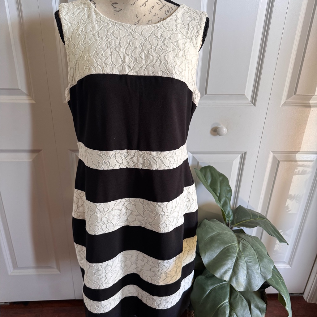 Tommy Hilfiger Dress, Career, 14 Black White Striped Lace Sleeveless Sheath Knee